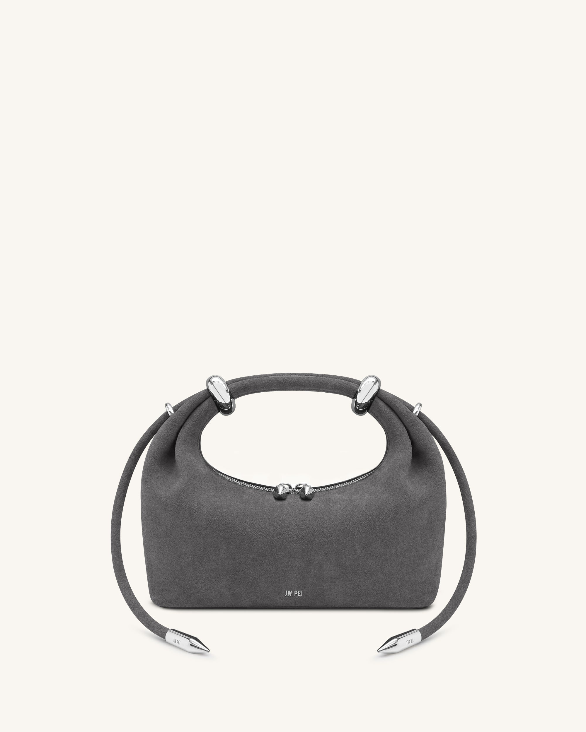 Ellie Faux Suede Metal Ring Embellished Top Handle Bag - Dark Grey