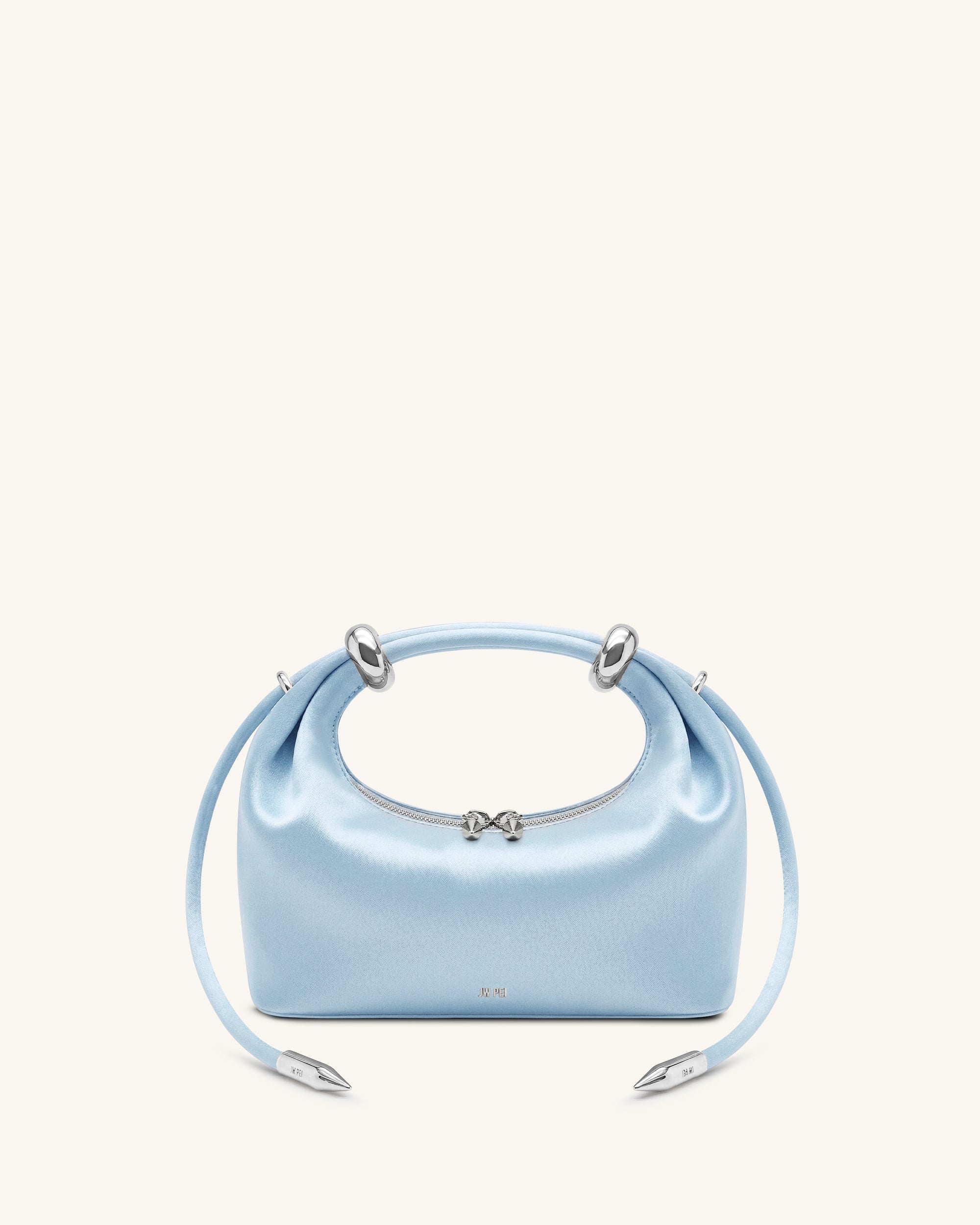 Ellie Satin Metal Ring Embellished Top Handle Bag - Light Blue