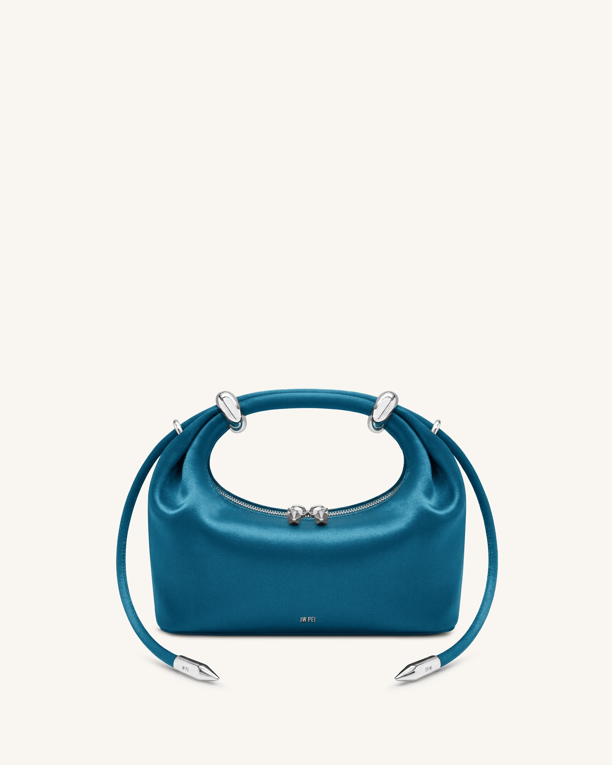 Ellie Satin Metal Ring Embellished Top Handle Bag - Teal