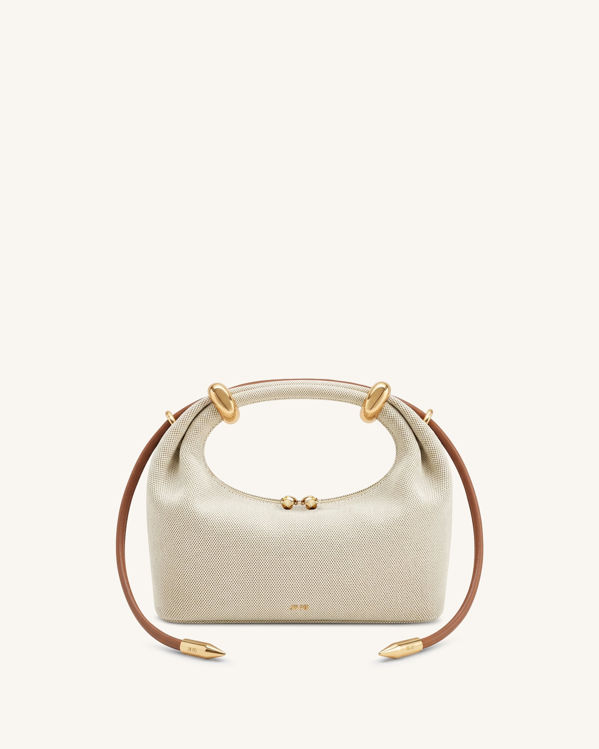 Ellie Metal Ring Embellished Top Handle Bag - Brown Canvas