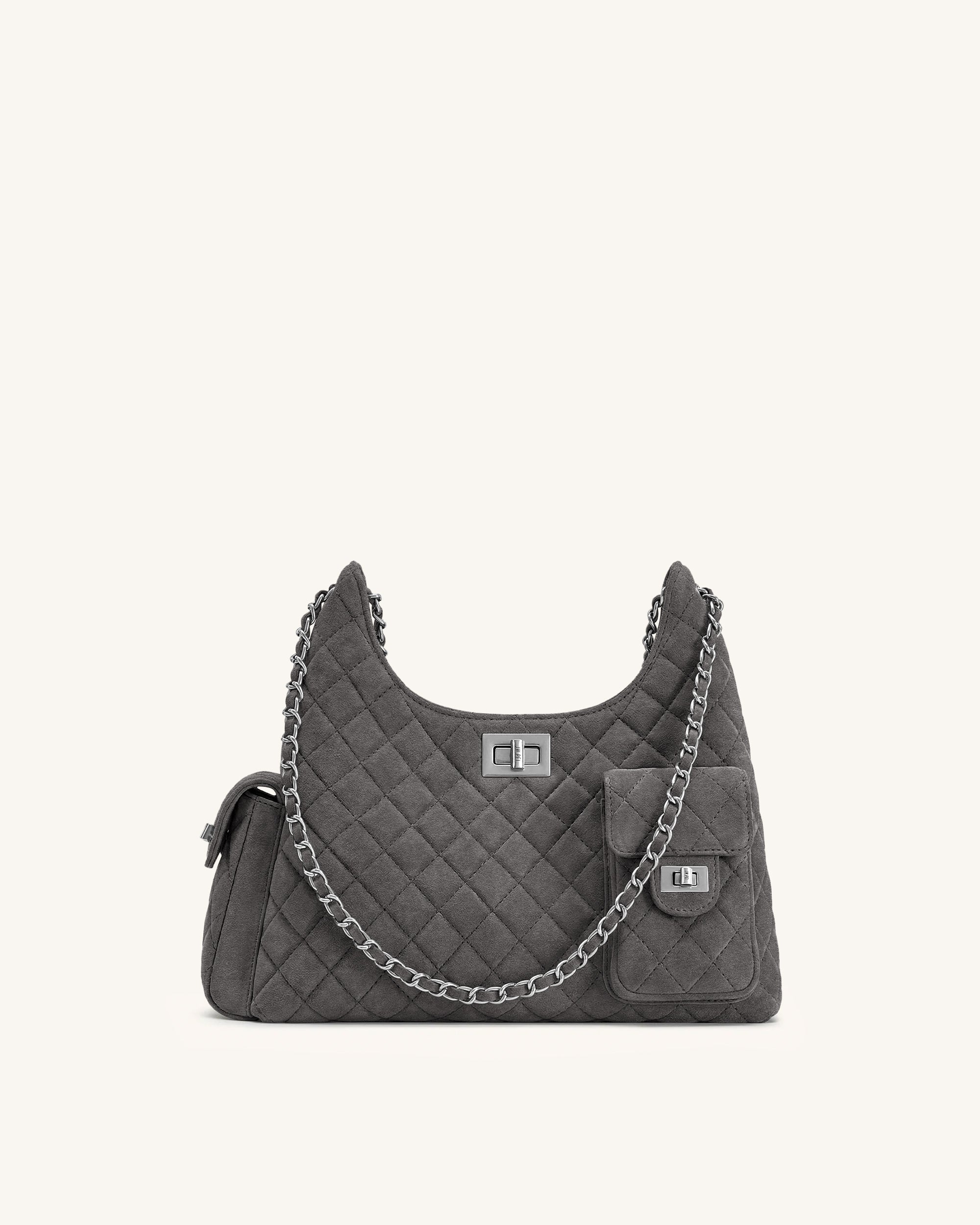 Vivian Faux Suede Quilted Shoulder Bag - Dark Grey