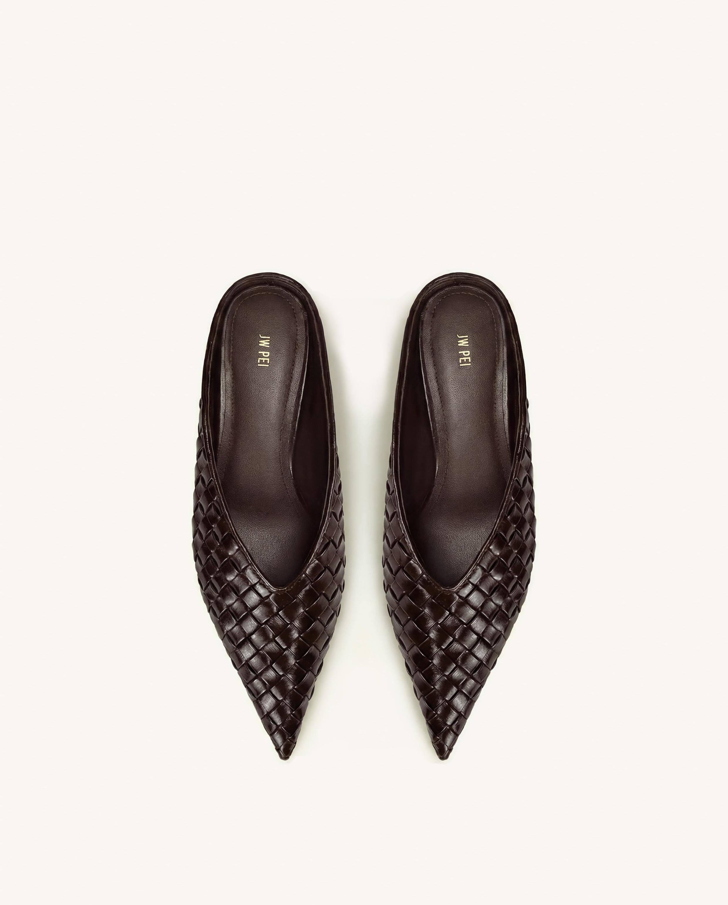Helena Woven Textured Pointed Toe Mules - Dark Brown