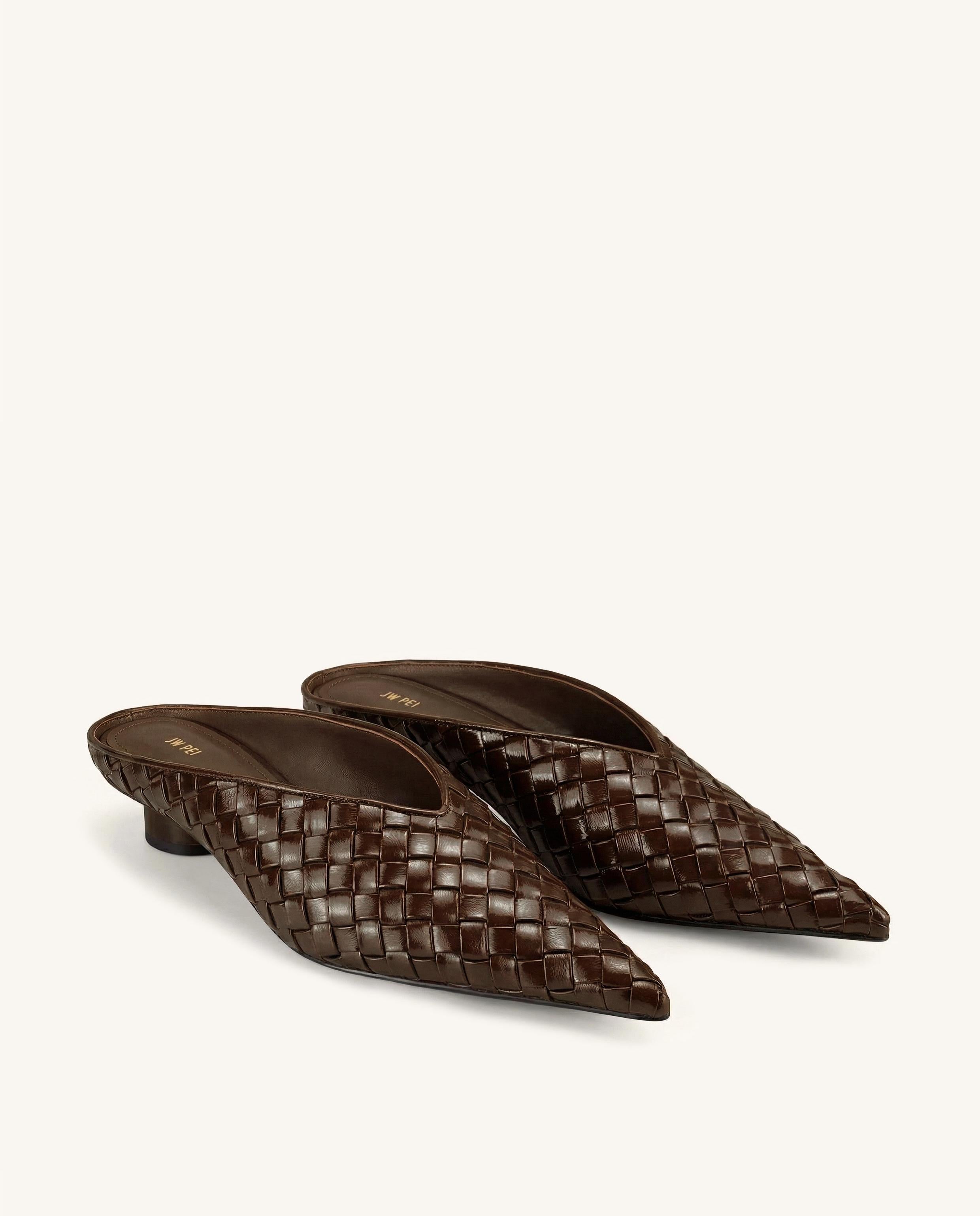 Helena Woven Textured Pointed Toe Mules - Brown