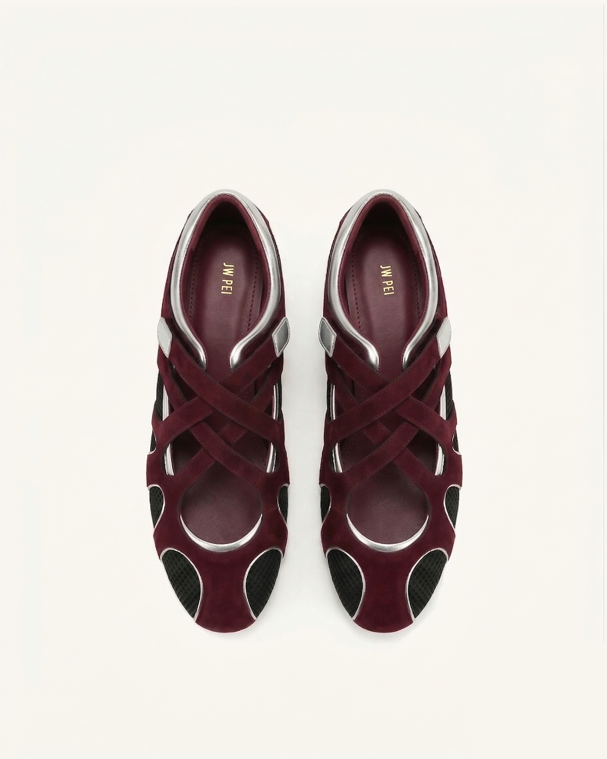 Thalia Mesh Panel Multi-Strap Ballet Flats - Burgundy