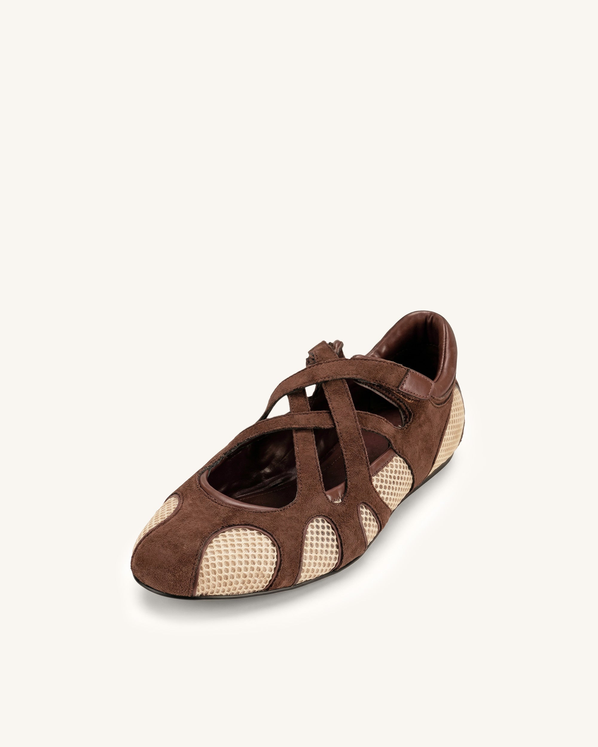 Thalia Mesh Panel Multi-Strap Ballet Flats - Brown Beige