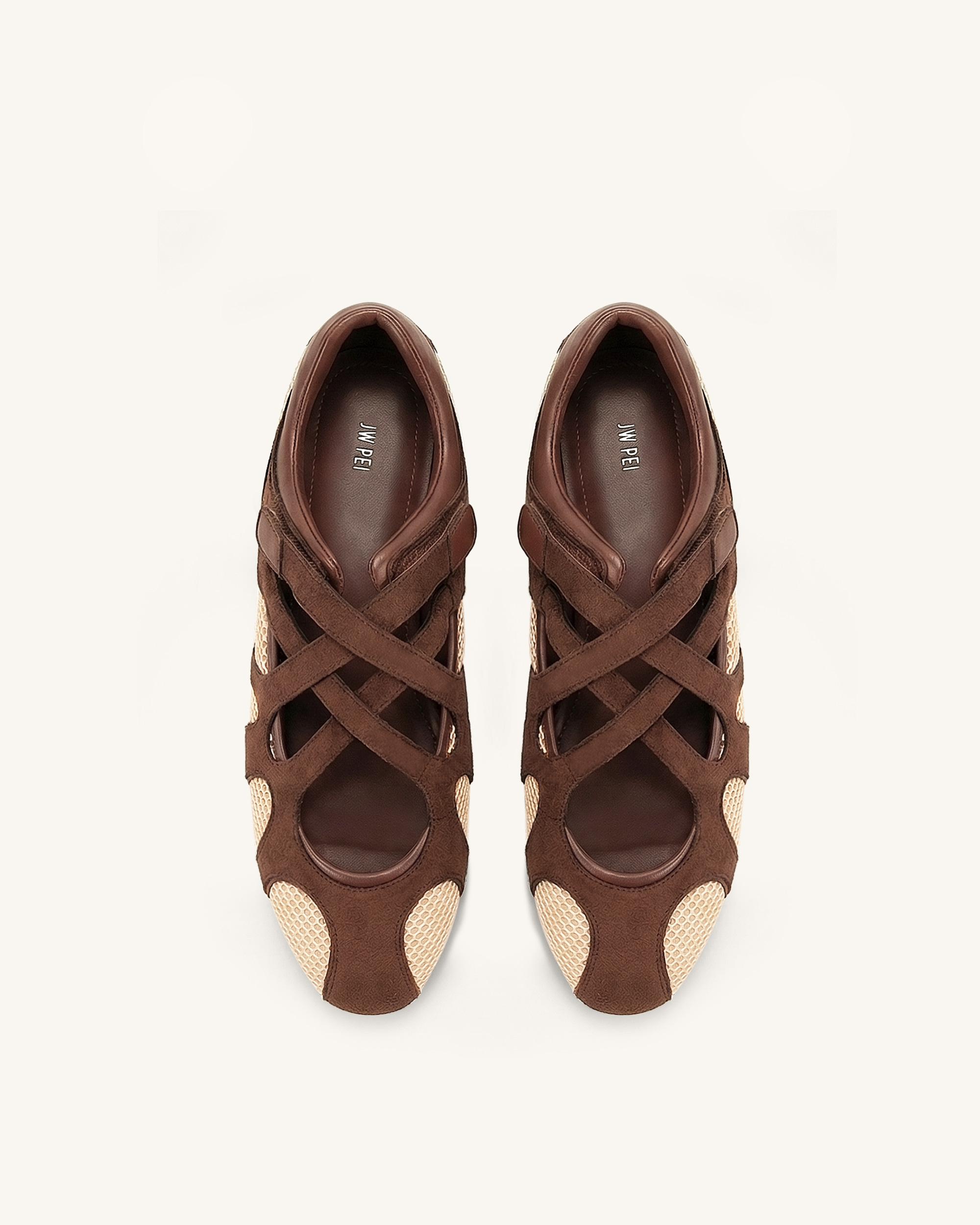 Thalia Mesh Panel Multi-Strap Ballet Flats - Brown Beige