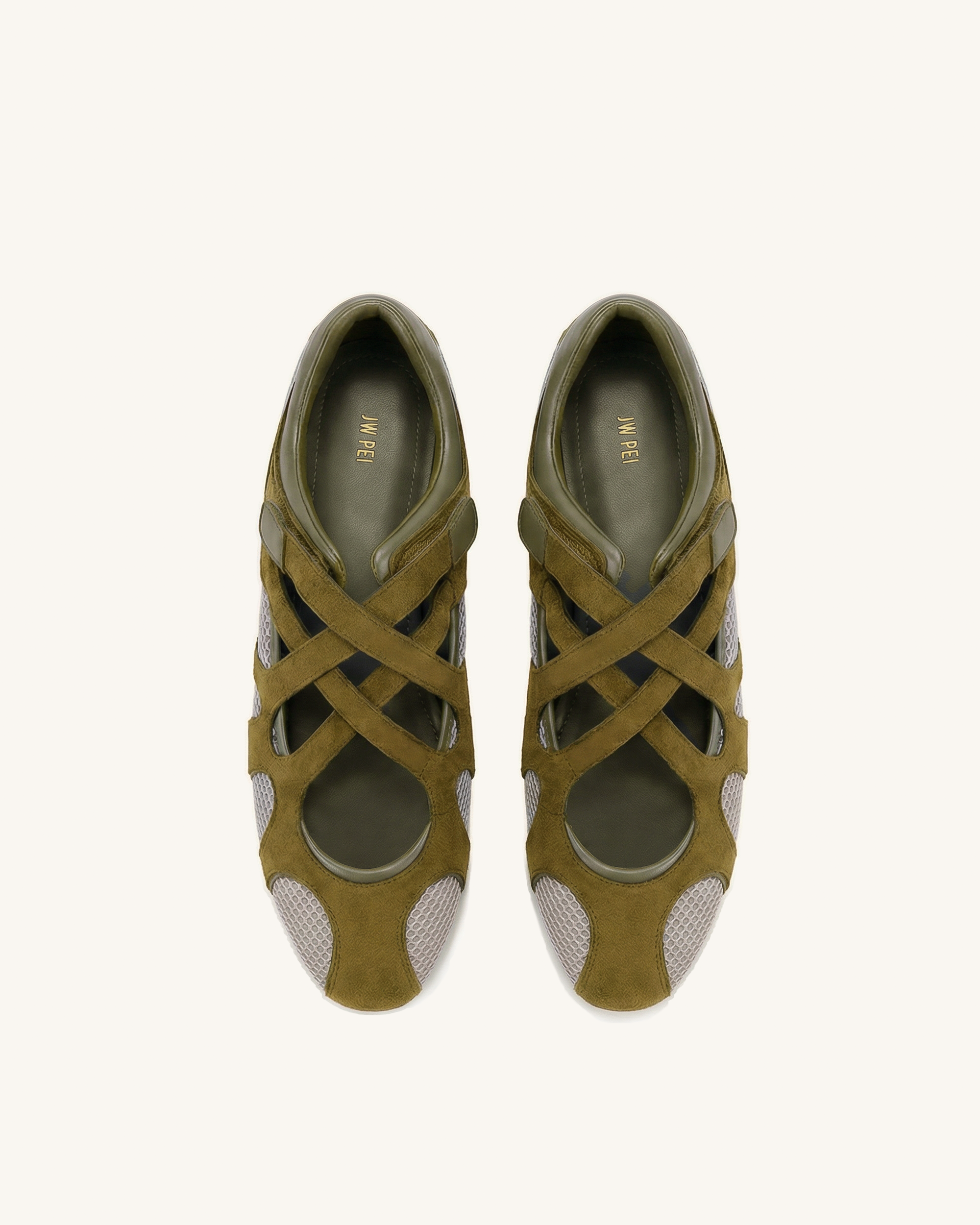Thalia Mesh Panel Multi-Strap Ballet Flats - Olive Green