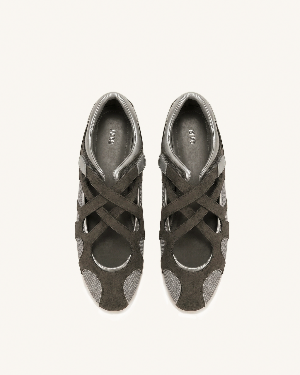 Thalia Mesh Panel Multi-Strap Ballet Flats - Dark Grey