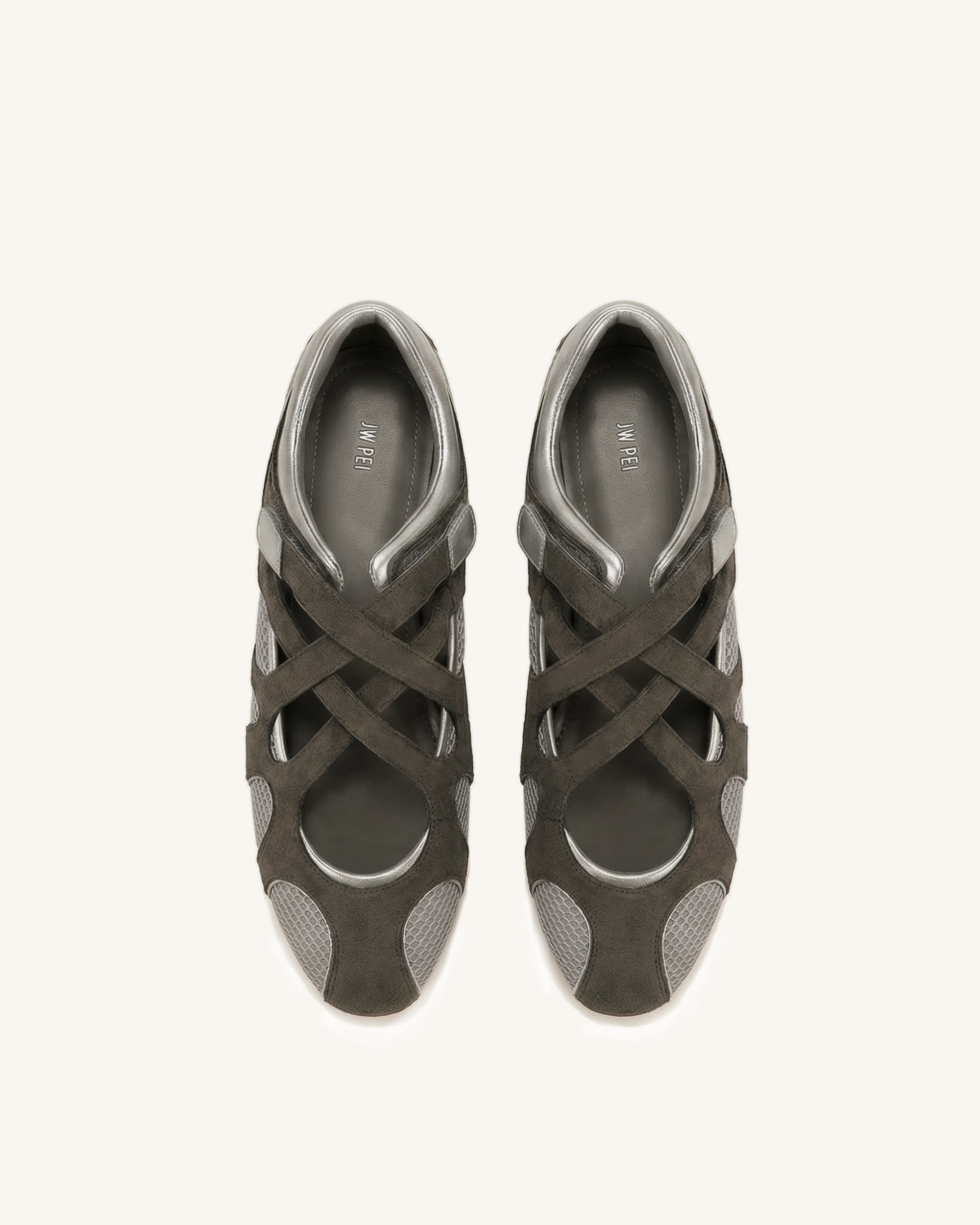 Thalia Mesh Panel Multi-Strap Ballet Flats - Dark Grey