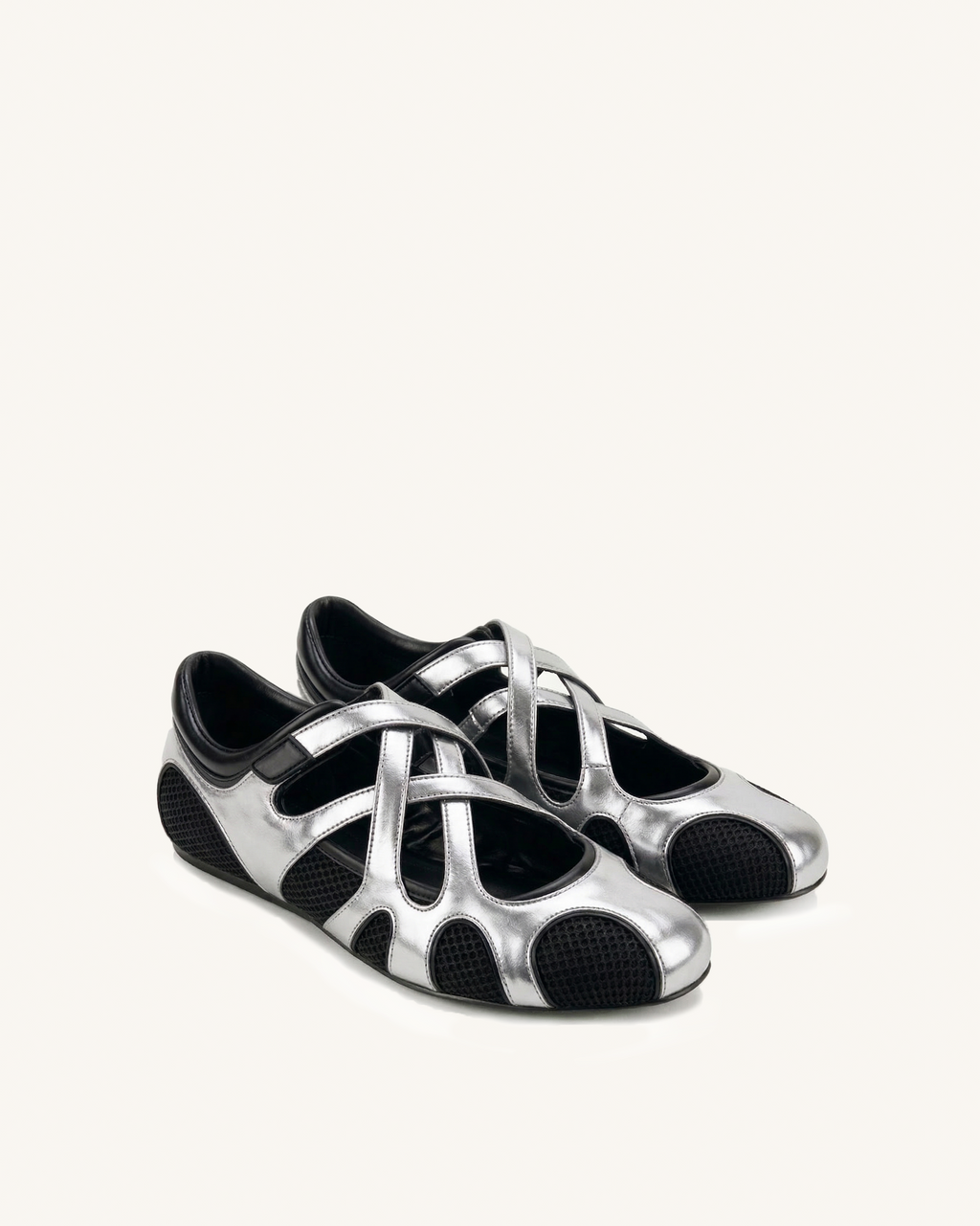 Thalia Mesh Panel Multi-Strap Ballet Flats - Silver & Black