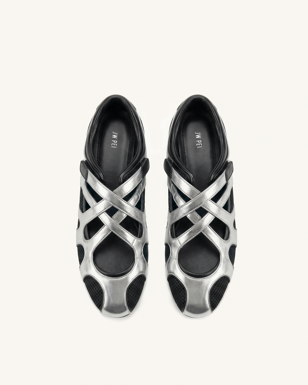 Thalia Mesh Panel Multi-Strap Ballet Flats - Silver & Black
