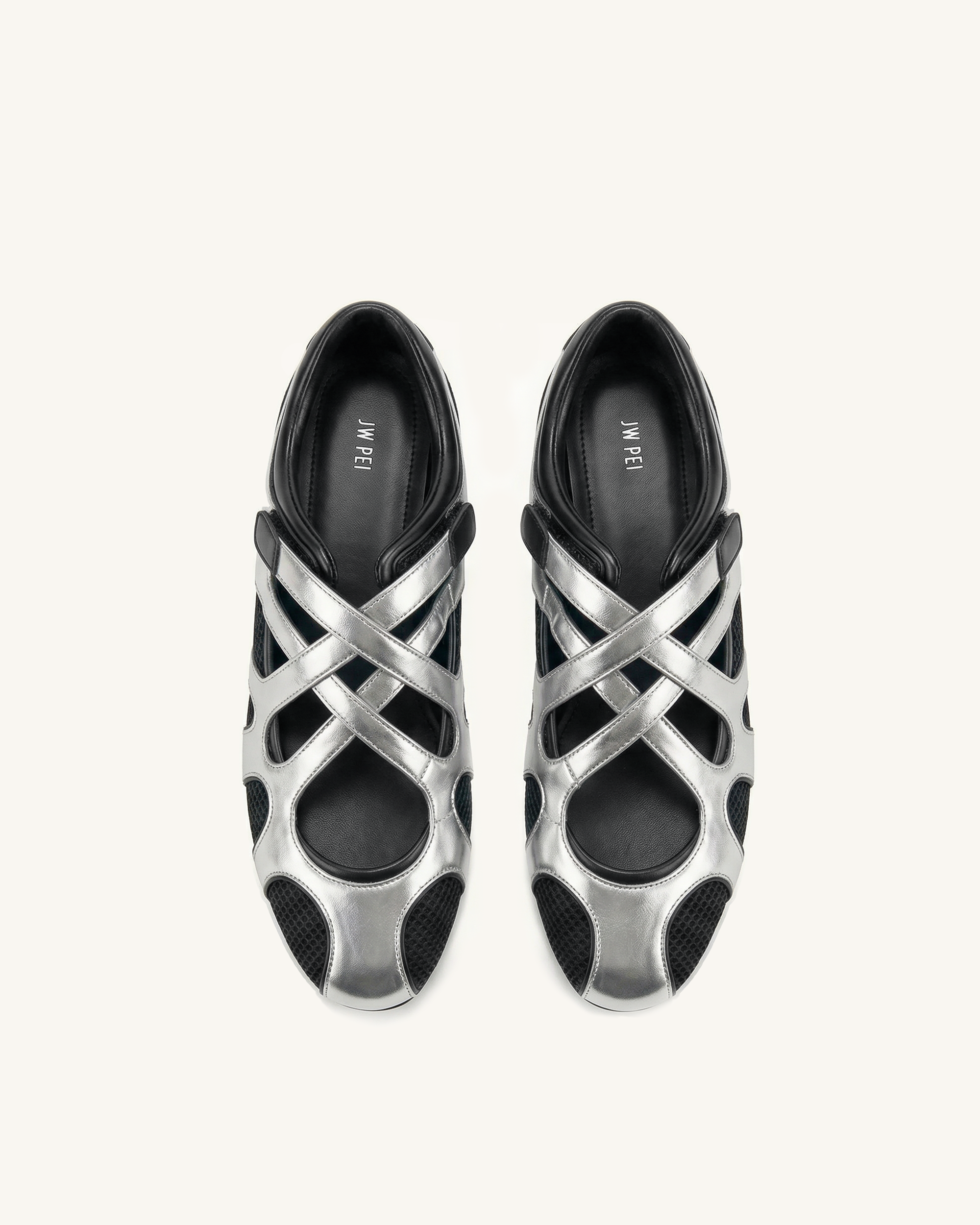 Thalia Mesh Panel Multi-Strap Ballet Flats - Silver & Black