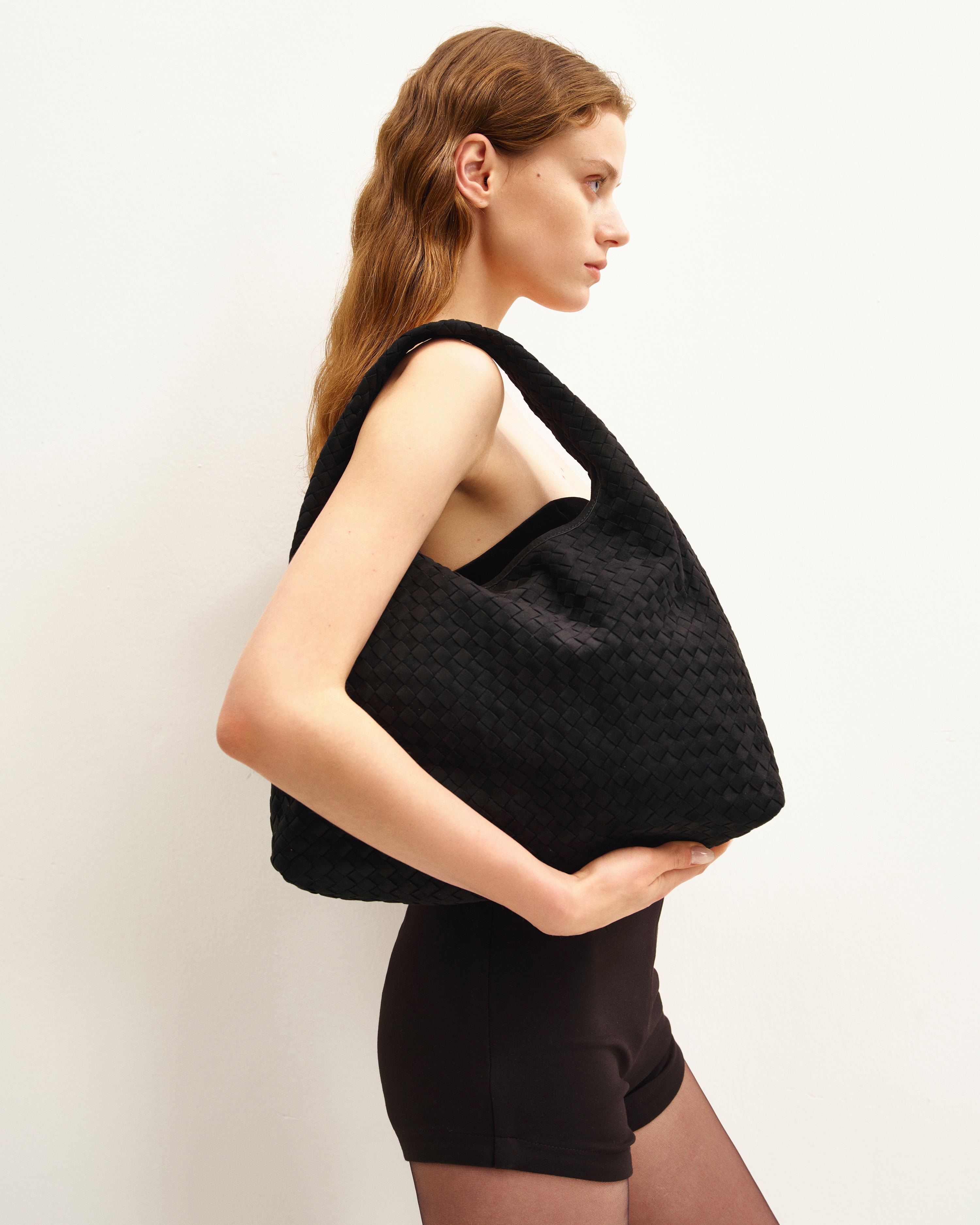 Iaura Faux Suede Woven Shoulder Bag - Black